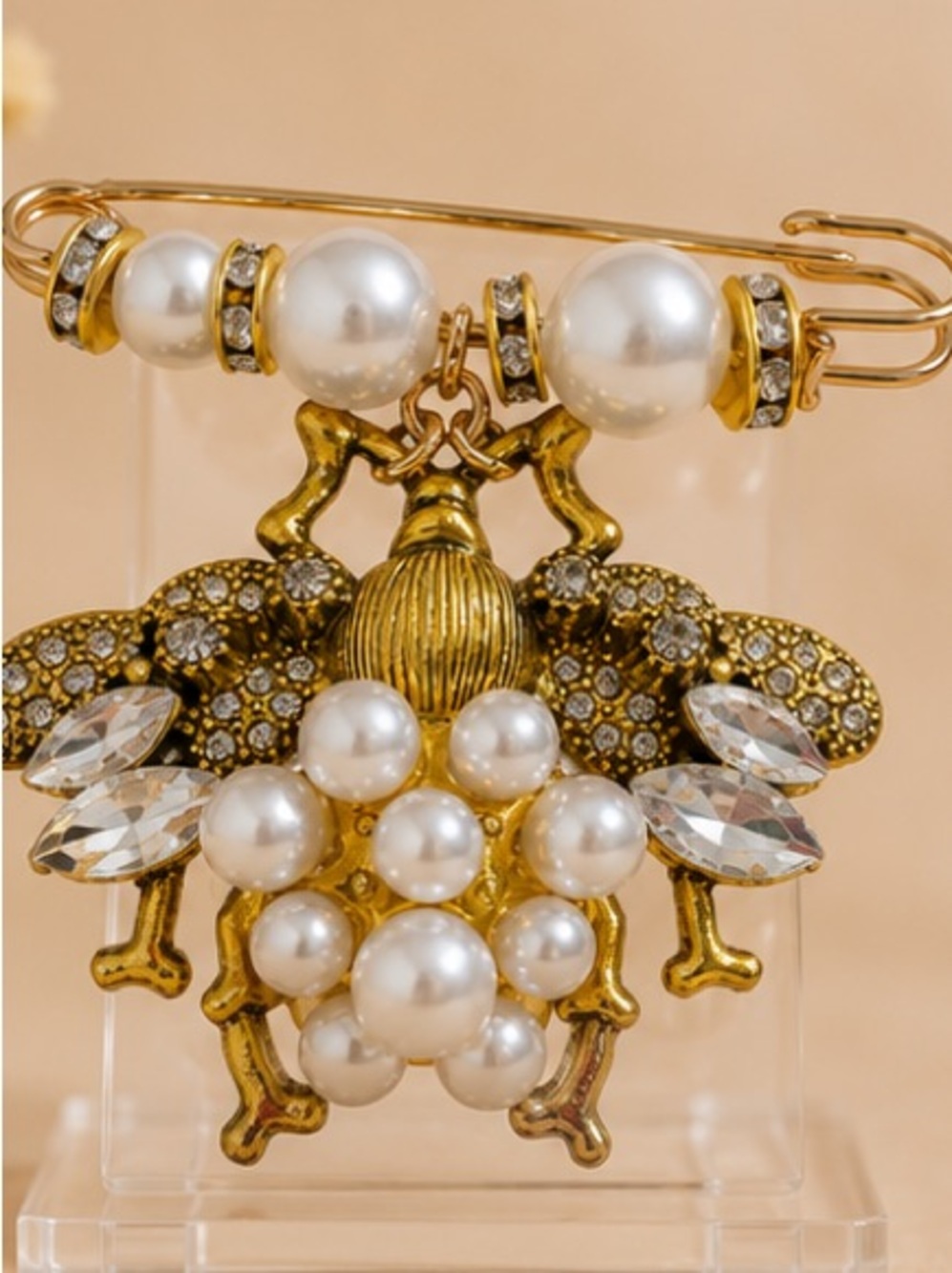 Vintage Pearl Bee Sweater Pin Brooch | Crystal Gold Statement